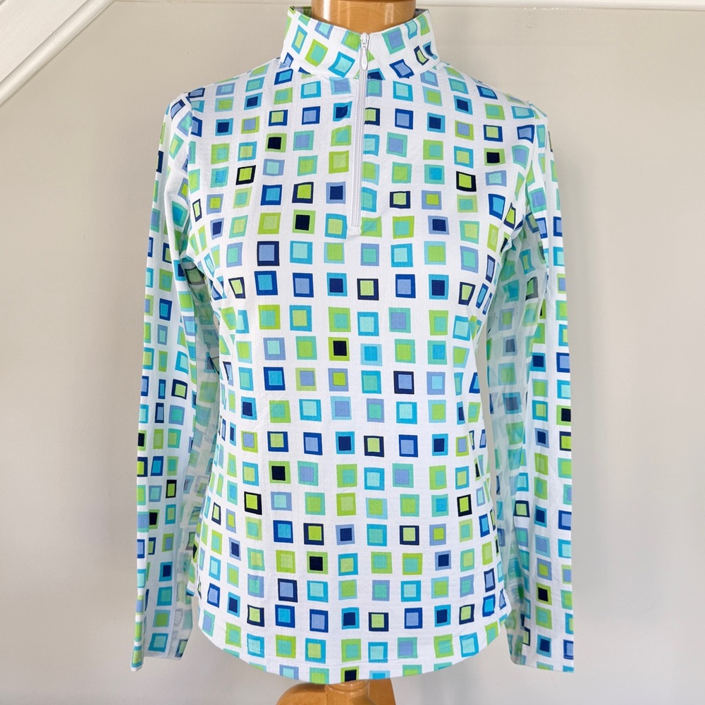 IBKUL Women's Eloise Long Sleeve Geo Print Zip Mock Neck Golf Pullover Top Small